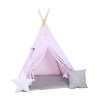 Dětský teepee stan Fialovo - šedý s hvězdičkami pompem + podložka, dekorační polštářky