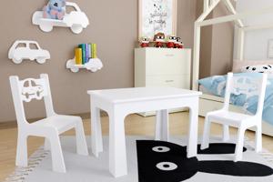 ID Dětský stůl a dvě židličky - bílé autíčko