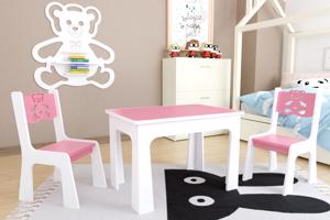 ID Dětský stůl a dvě židličky - růžový medvídek