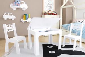 Dětský stůl a dvě židličky - bílé autíčko