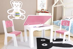 Dětský stůl a dvě židličky - růžový medvídek