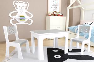 Dětský stůl a dvě židličky - šedý medvídek