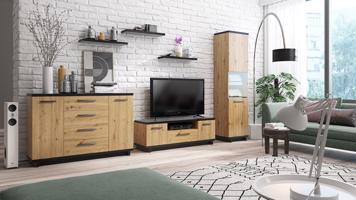 GAB nábytek Obývací stěna - Rysi 2 (Černý mat + Řemeslný dub)
