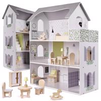IK Dřevěný domeček pro panenky + doplňky, 70 cm, šedý