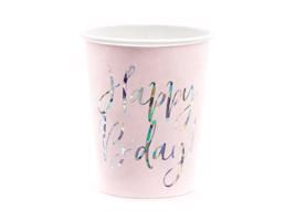 PCo Papírové kelímky - motiv Happy B-day, růžová 220 ml, 6ks