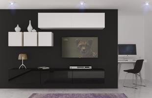 Ral Obývací stěna VIRGINIE 1, 249 cm - Bílá/Černý lesk