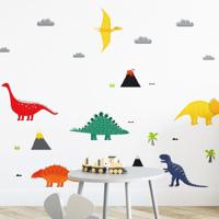 Samolepka na zeď Dino - dinosauři, sopky, mraky a palmy DK292